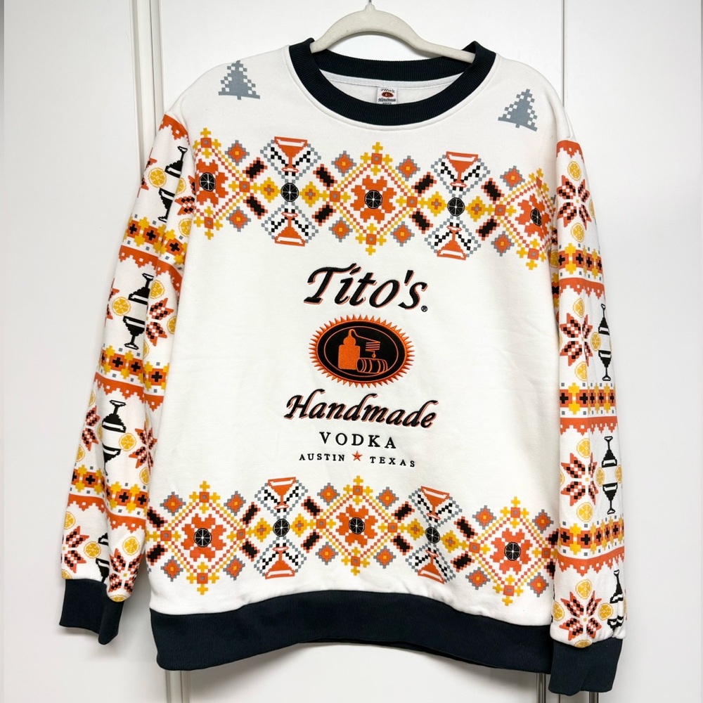 Tito's Handmade Vodka Men's Ugly Christmas Sweater Orange White - Picture 2 of 6